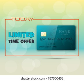 Biggest sale ever & credit bank card banner. Abstract sale background with plastic card icon. Advertising discount sale poster. Vector online banking tag, Promotional Internet shopping sale brochure