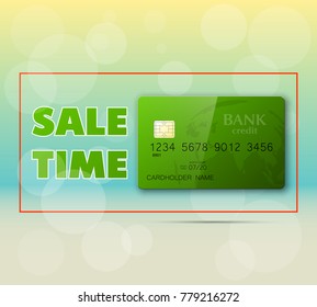 Biggest sale ever & credit bank card banner. Abstract sale background with plastic card icon. Advertising discount sale poster. Vector online banking tag, Promotional Internet shopping sale brochure