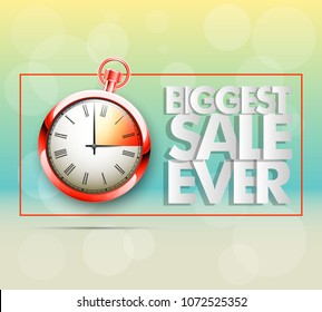 Biggest sale ever holiday pocket watch banner. Informational poster timer sales discounts. Vector chronometer background. Time sale banner with clock icon. Abstract advertising watch discount poster