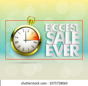 Biggest sale ever holiday pocket watch banner. Informational poster timer sales discounts. Vector chronometer background. Time sale banner with clock icon. Abstract advertising watch discount poster