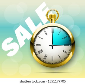 Biggest sale ever holiday pocket watch banner. Informational poster timer sales discounts. chronometer background. Time sale banner with clock icon. Abstract advertising watch discount poster