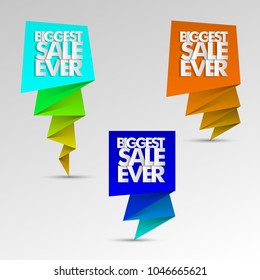 Biggest sale ever paper marker banner tag. Abstract pointer sale pop-art style background. Advertising paper cut discounts poster illustration. Text frame "BIGGEST SALE EVER" paper brochure billboard