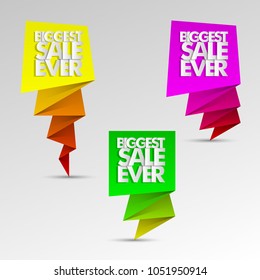 Biggest sale ever paper marker banner tag. Abstract pointer sale pop-art style background. Advertising paper cut discounts poster illustration. Text frame "BIGGEST SALE EVER" paper brochure billboard