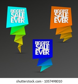 Biggest sale ever paper marker banner tag. Abstract pointer sale pop-art style background. Advertising paper cut discounts poster illustration. Text frame "BIGGEST SALE EVER" paper brochure billboard