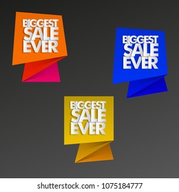 Biggest sale ever paper marker banner tag. Abstract pointer sale pop-art style background.