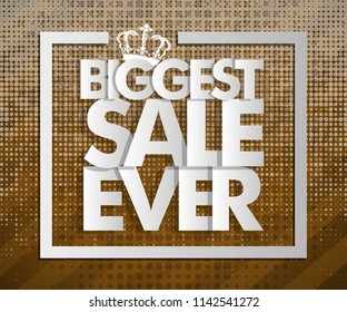 Biggest sale ever paper marker banner tag. Abstract pointer sale pop-art style background. Advertising paper cut discounts poster illustration. Text frame "BIGGEST SALE EVER" paper brochure billboard
