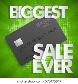 Biggest sale ever square banner with credit bank card icon. Abstract rectangle background with plastic card. Advertising discount poster. Vector illustration tag, Promotional sale brochure