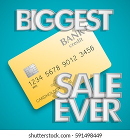Biggest sale ever square banner with credit bank card icon. Abstract rectangle background with plastic card. Advertising discount poster. Vector illustration tag, Promotional sale brochure