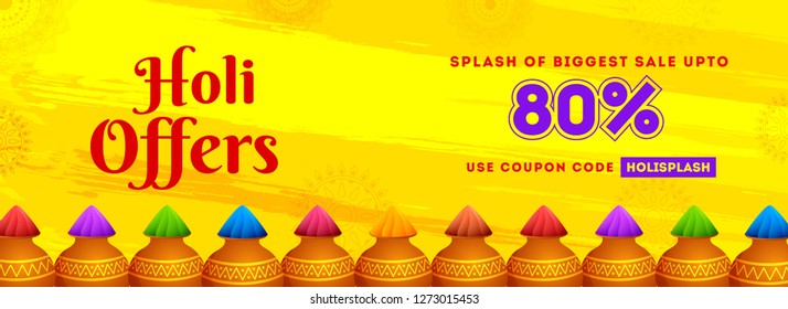 Biggest sale header or banner design with 80% discount offers for holi festival.