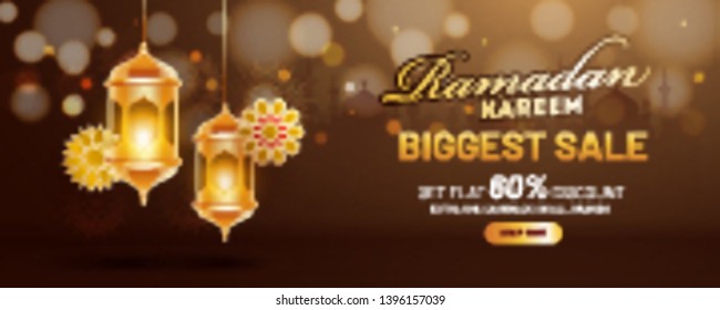 Biggest Sale header or banner design with hanging illuminated lanterns and 60% discount offer for Ramadan Kareem.