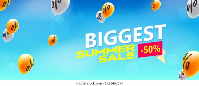 Biggest sale offer. Yellow balloons with symbols of discount flying in blue sky. Vector 3D illustration.