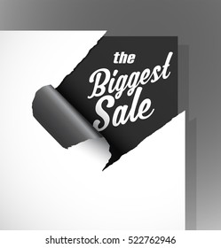 The Biggest Sale text uncovered from teared paper corner.