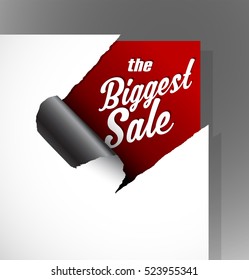 The Biggest Sale text uncovered from teared paper corner.