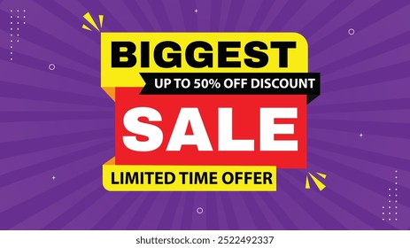 Biggest Sale of the Year Limited Time Offer Up to 50% Off Get Discount Sale Banner Templates with Element Shapes in Black White and Blue Perfect Sale Background Designs for Your Promotions