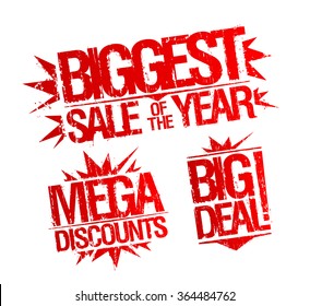 Biggest Sale Of The Year Stamp, Mega Discounts Stamp, Big Deal Stamp. Sale Vector Stamps Set.