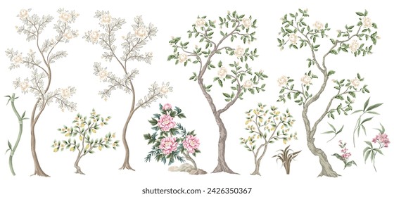 El mayor conjunto de peonías de chinoiserie árboles y flores. Vector