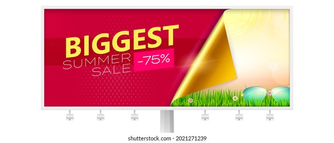 Biggest summer sale. Huge discount. Corner of paper covering sunglasses laying in grass under summer sun. Vector 3d illustration