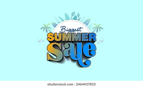 Biggest Summer sale offer deal design with spring summer green leaf tropical background. 3d typography Vector illustration