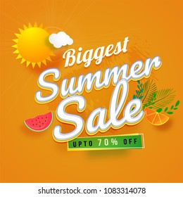 Biggest summer sale poster design with sun, watermelon, and 70% off offers. 