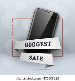 Biggest Super sale banner. Mobile Phone Discount label poster. Cyber Monday offer tag. Smartphone coupon
