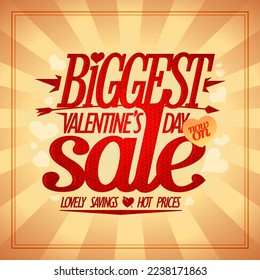 Biggest Valentine's day sale, vector web banner or flyer mockup with rays and red lettering