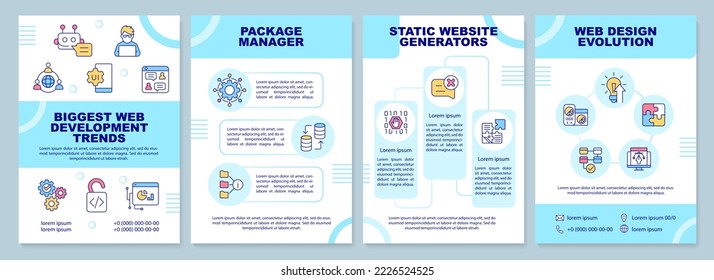 Biggest web development trends blue brochure template. Leaflet design with linear icons. Editable 4 vector layouts for presentation, annual reports. Arial-Black, Myriad Pro-Regular fonts used