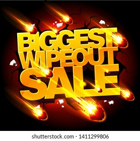 Biggest wipeout sale banner concept with gold letters and meteorites rain on the black night sky backdrop