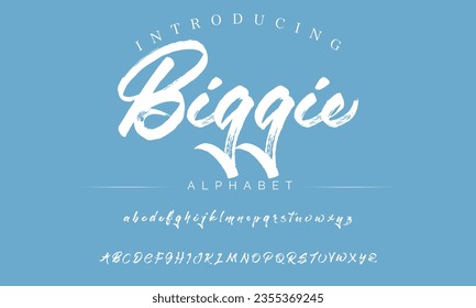 Biggie Lettering font isolated on black background. Texture alphabet in street art and graffiti style. Grunge and dirty effect.  Vector brush letters.