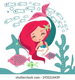  Big-headed cute little mermaid with fish and seaweed and a starfish in cartoon style on a white background. Children's card