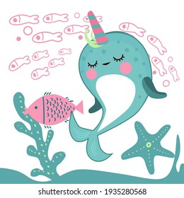  Big-headed cute little narwhal - sea unicorn with fish and seaweed and a starfish in cartoon style on a white background. Children's card