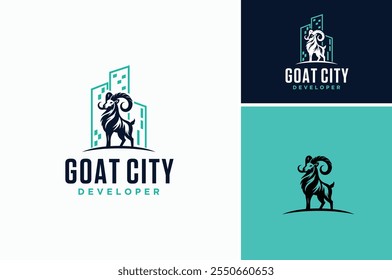 Bighorn Ram Longhorn Mountain Goat oder Ibex mit modernen Stadtgebäuden für Immobilien Logo Design