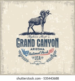 Bighorn Sheep, national Park, Grand Canyon, vintage, illustration, vector