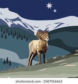 A bighorn sheep standing on a mountain slope under a night sky. Vector illustration