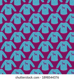 Bight blue pullover seamless doodle pattern in winter cozy style on purple background. Flat vector print for textile, fabric, giftwrap, wallpapers. Endless illustration.