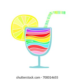 Bight rainbow colors cocktail with lemon and tube. Tropical fresh drink. 