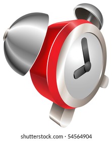 A bight red shiny alarm clock vector illustration with dynamic perspective. Can be used as an icon or illustration in its own right.