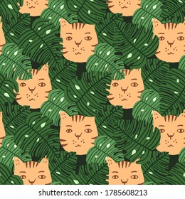 Bight seamless pattern with cat faces and monstera foliage. Print in green and orange colors. Creative design. Designed for wallpaper, textile, wrapping paper, fabric print. Vector illustration.