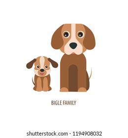 Bigle family. Mother and baby. Cute dog and puppy. White background. Flat design