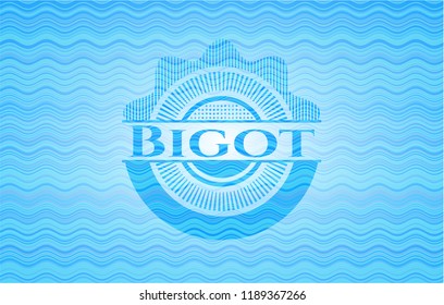 Bigot light blue water wave style badge.