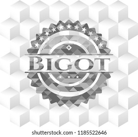 Bigot realistic grey emblem with cube white background