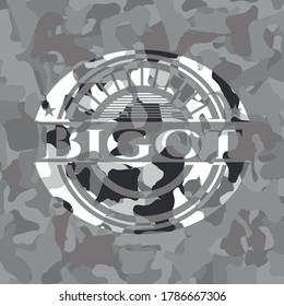 Bigot written on a grey camouflage texture 