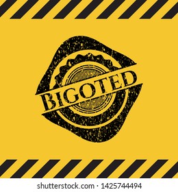 Bigoted black grunge emblem inside yellow warning sign. Vector Illustration. Detailed.