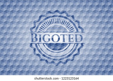 Bigoted blue emblem or badge with abstract geometric polygonal pattern background.