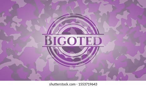 Bigoted pink and purple written on a camo texture. Vector Illustration. Detailed.