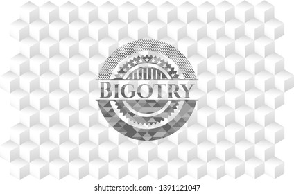 Bigotry realistic grey emblem with cube white background