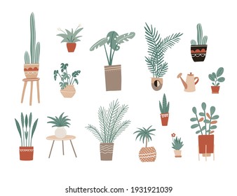 Bigset with hand drawn house plant, flowers in pot, green foliage plant and romantic watering can. Template for web, card, poster, sticker, banner, invitation, wedding. Vector floral hand drawn