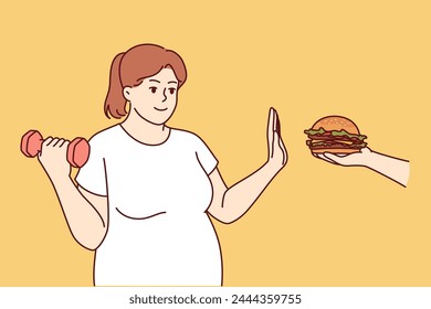 Bigsize woman goes on diet, trying to get rid of excess weight, giving up burger and lifting dumbbell. Girl decided to lead healthy lifestyle, playing sports and following low-calorie diet