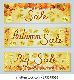 Big,Super Autumn Sale poster, banner. Big sale,discounts background.Sale autumn,thanksgiving sale banners with autumn colorful leaves,berries,mushroom,acorns.Vector illustration.