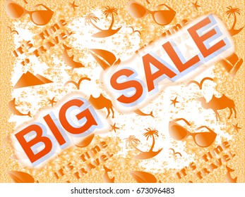 Big,Super Sale bright banner on Summer travel time  background with camel,sea,sunglasses, pyramid, yacht, palm, dolphin,starfish.  vector pattern for card,flyer,poster. Travel agency banner,card.
