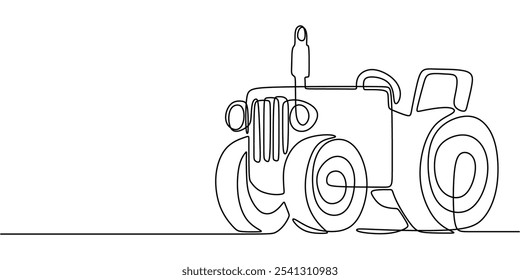 Big-Wheeled Tractor. Continuous One Line Drawing Illustrating the Power of Machinery in Agriculture for Enhanced Production Efficiency.